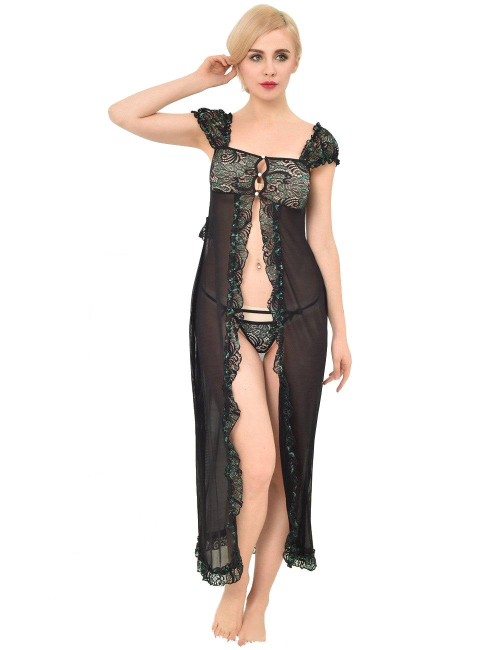Lau Fashion Damen Dessous Set Langer Spitze Mantel Schwarz Reizwäsche String S/M Limitierter Zeitrabatt