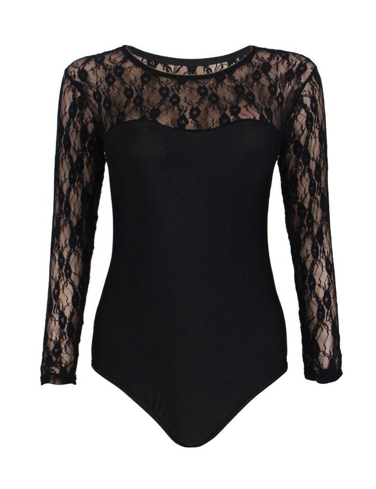 Lau Fashion Damen Unterwäsche Body Schwarz Weiß mit Spitze Transparent Rundhals Langarm S/XL - R80372 Fabrikpreis