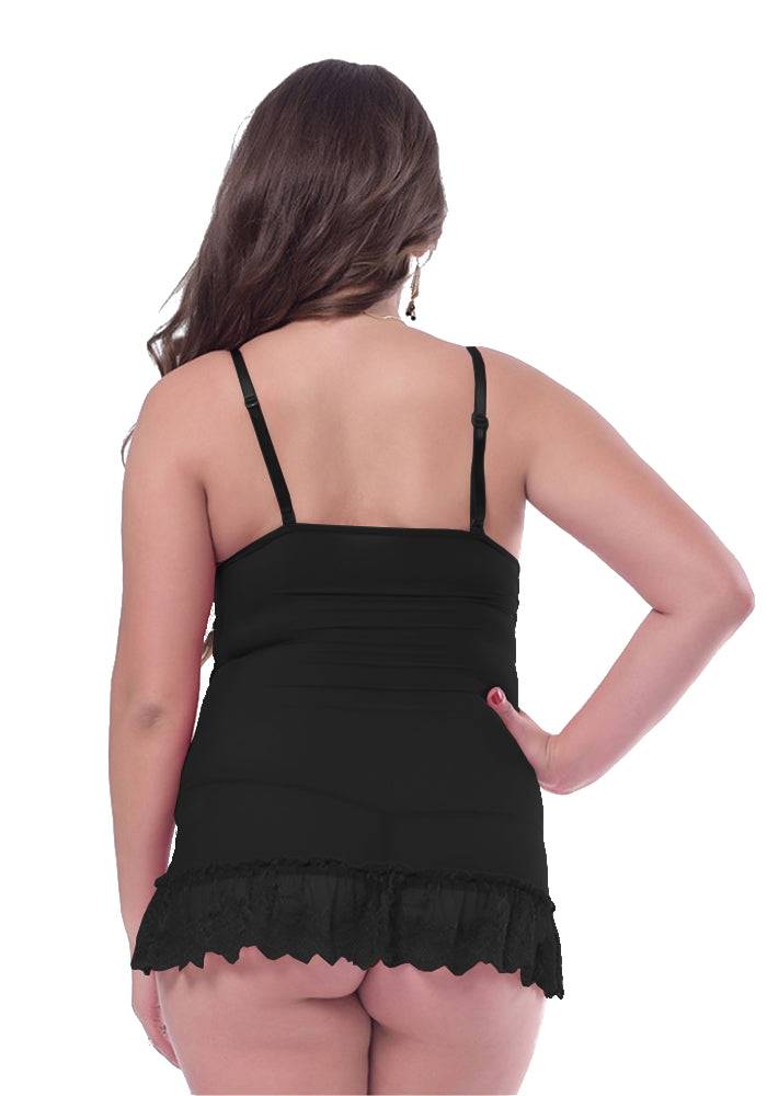 Lau Fashion Damen Reizwäsche Träger Dessous Schwarz Spitze Babydoll Schleifchen + Tanga L/XL Preisnachlass