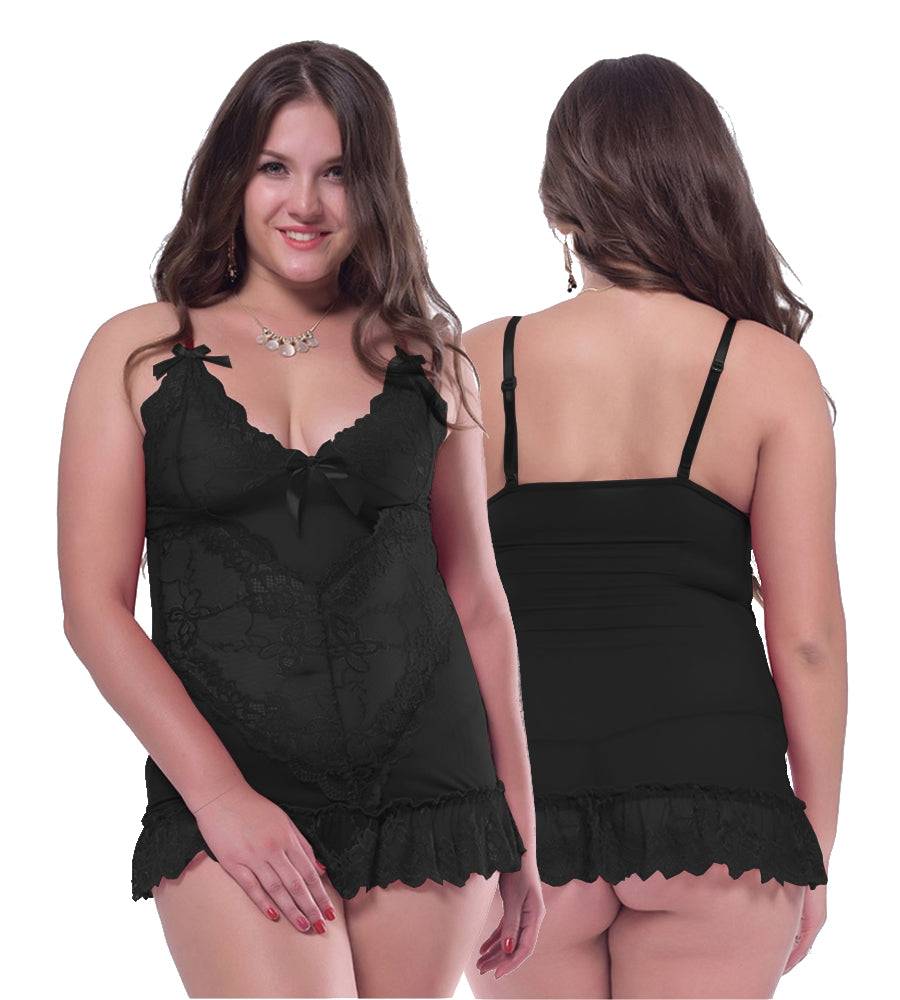 Lau Fashion Damen Reizwäsche Träger Dessous Schwarz Spitze Babydoll Schleifchen + Tanga L/XL Preisnachlass