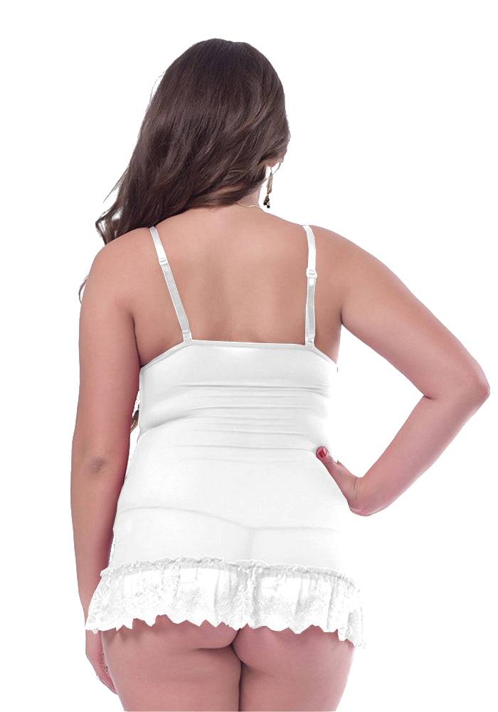 Lau Fashion Damen Reizwäsche Träger Dessous Weiß Spitze Babydoll Schleifchen + Tanga L/XL Saisonschlussverkauf