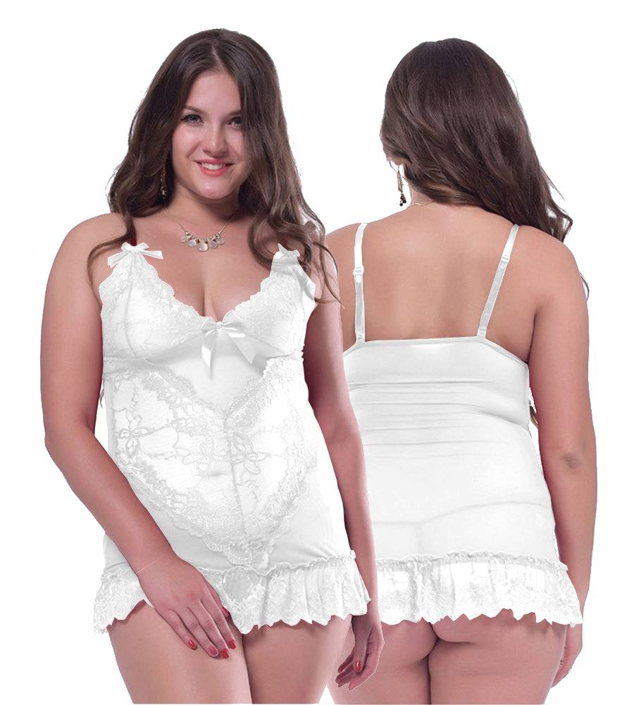 Lau Fashion Damen Reizwäsche Träger Dessous Weiß Spitze Babydoll Schleifchen + Tanga L/XL Saisonschlussverkauf