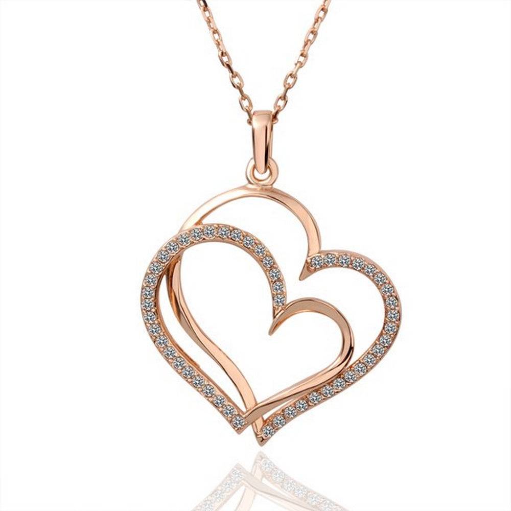 Lau Fashion Halskette Doppel Herz Zirkonia Anhänger Schmuck Set Strass vergoldet Ø 44mm