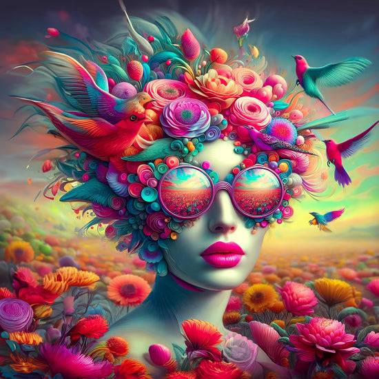 Queen Kerosin Acrylglasbild - Frauen mit ausgefallenen Brillen in einer lebendigen Welt voller Blumen und Vögel I Bis zu 55% Rabatt