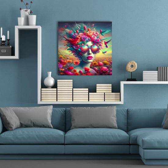 Queen Kerosin Acrylglasbild - Frauen mit ausgefallenen Brillen in einer lebendigen Welt voller Blumen und Vögel I Bis zu 55% Rabatt