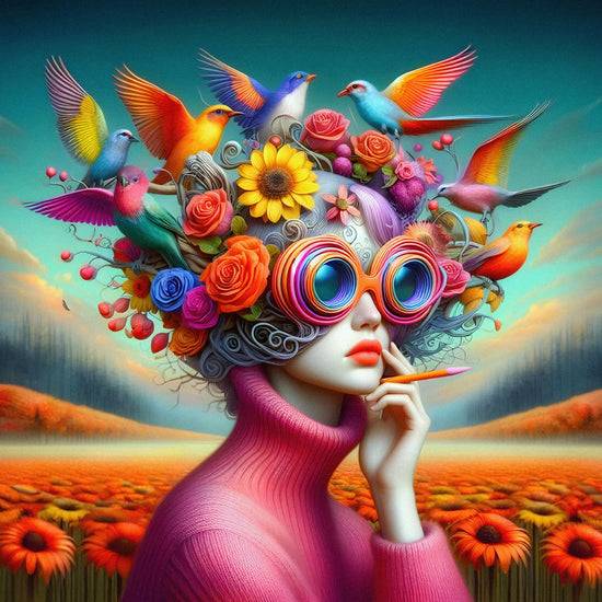 Queen Kerosin Acrylglasbild - Frauen mit ausgefallenen Brillen in einer lebendigen Welt voller Blumen und Vögel II Discount Store für neue Produkte