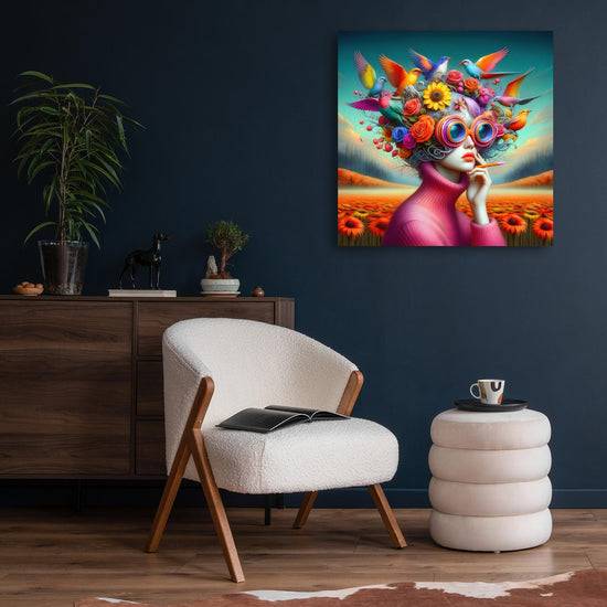 Queen Kerosin Acrylglasbild - Frauen mit ausgefallenen Brillen in einer lebendigen Welt voller Blumen und Vögel II Discount Store für neue Produkte