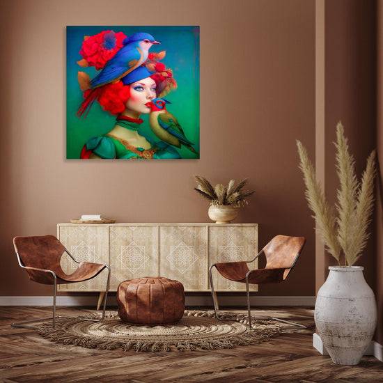 Queen Kerosin Acrylglasbild - Surreales Portrait einer Frau mit Vögeln in blau rot grün Farbe Nur noch ein Tag übrig