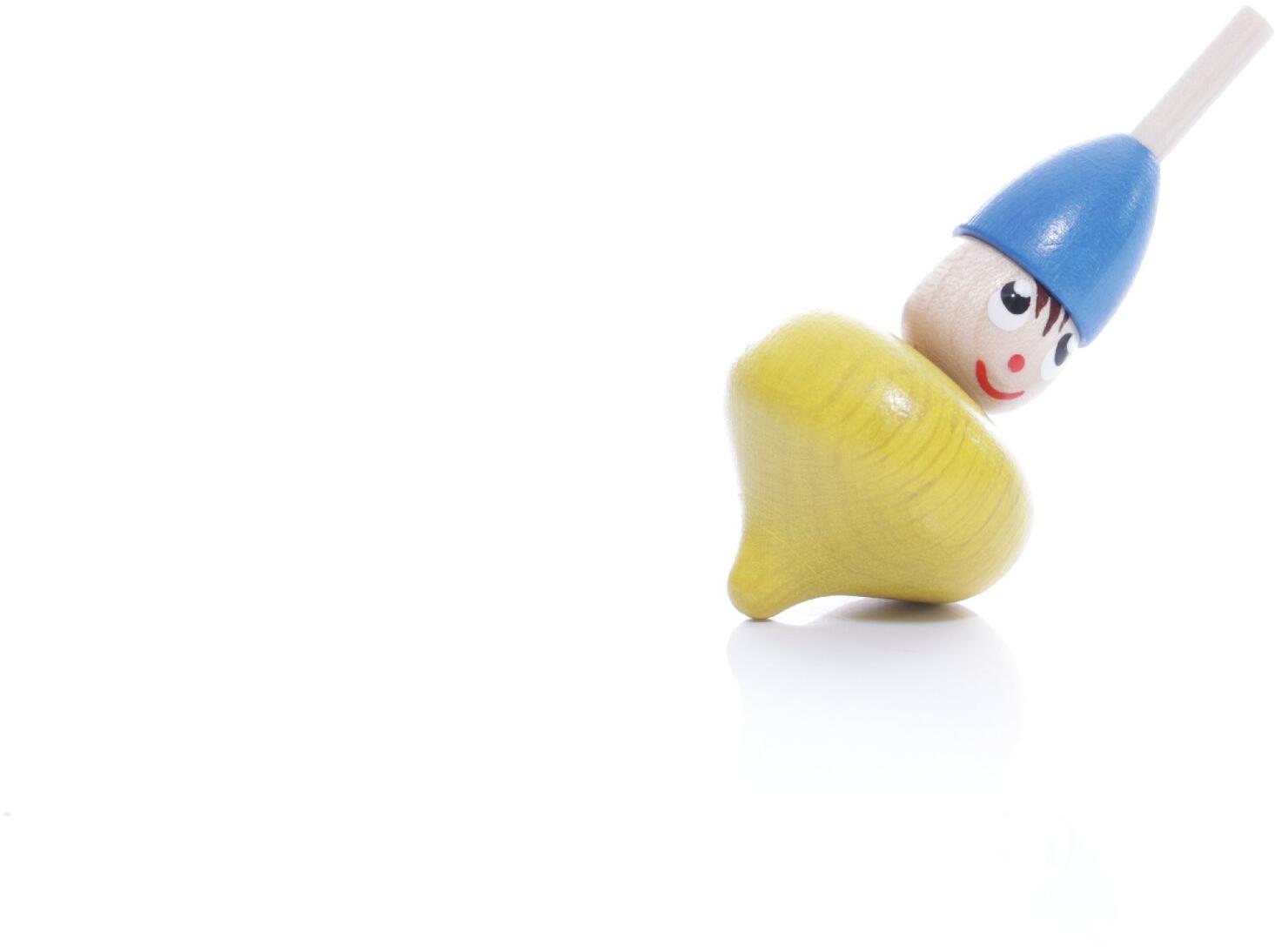 Rudolphs Schatzkiste Holzspielzeug - Gelber Tischkreisel mit Gesicht und blauer Mütze - BxHxT 3x7x3cm