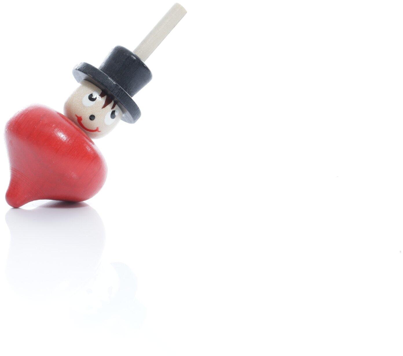 Rudolphs Schatzkiste Holzspielzeug - Roter Tischkreisel mit Gesicht und schwarzem Zylinder - BxHxT 3x7x3cm