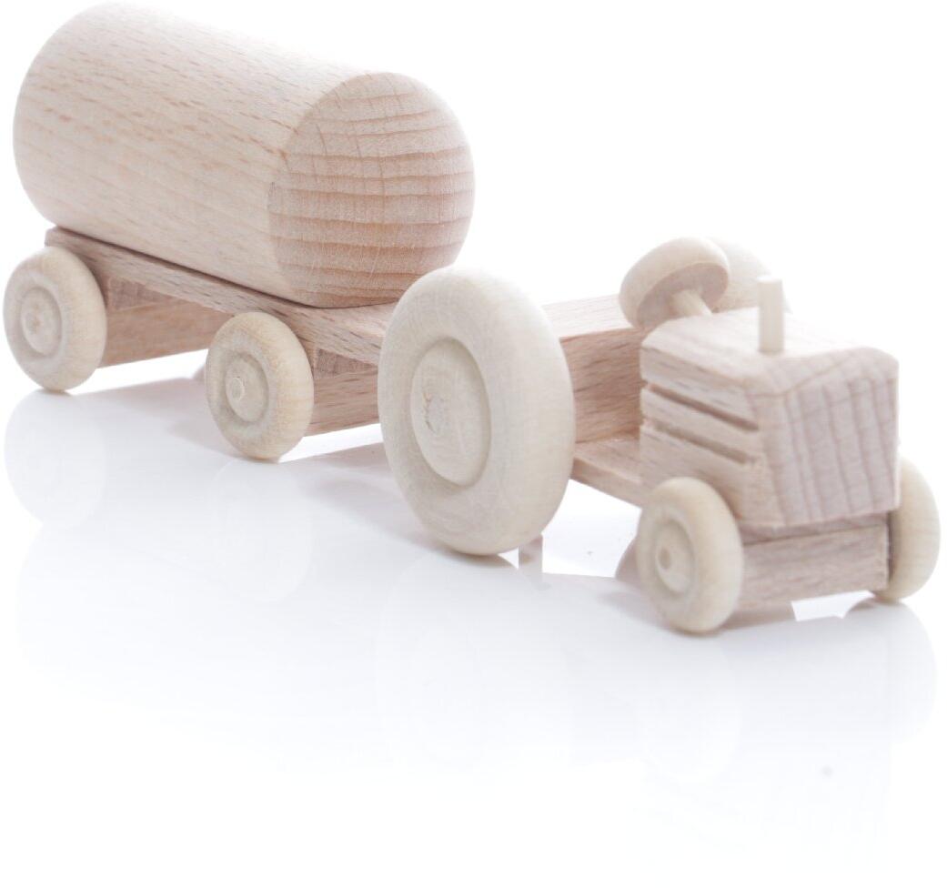 Rudolphs Schatzkiste Holzspielzeug - Miniaturfahrzeug Traktor mit Fass Anhänger Natur- HxBxT 3,5x7,5x3cm