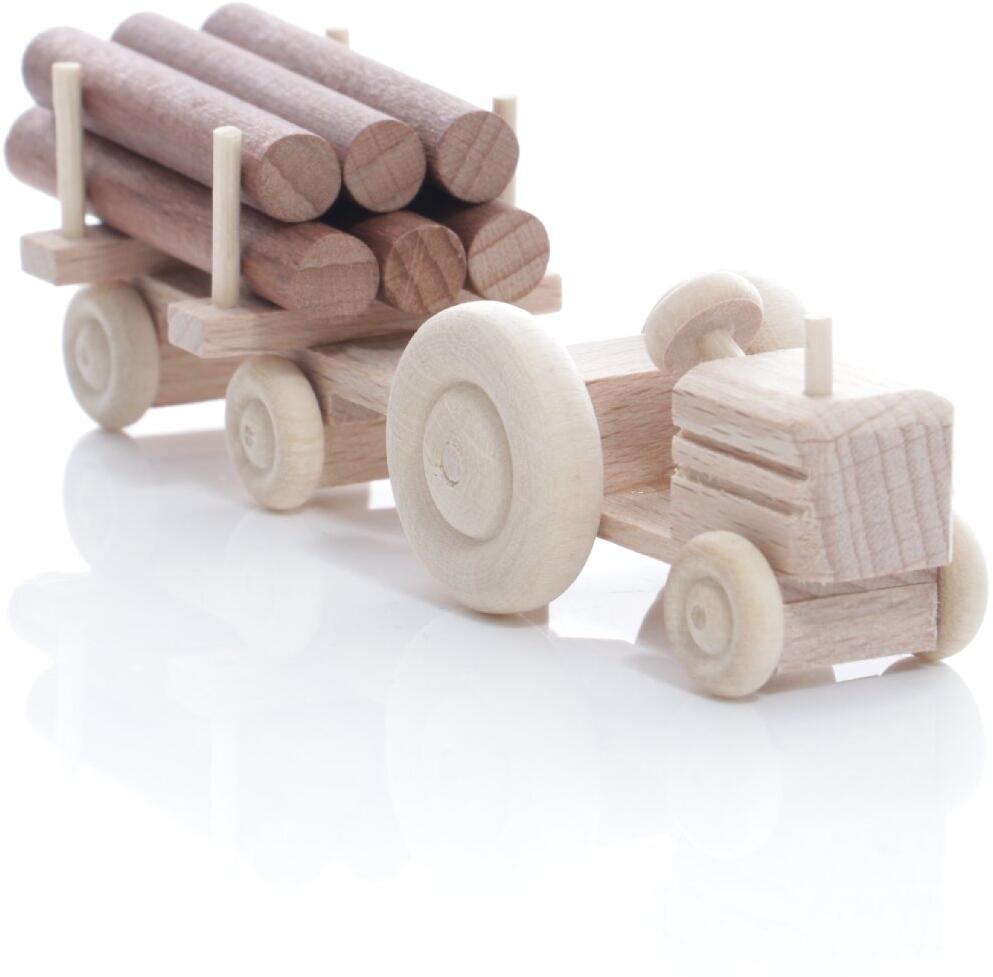 Rudolphs Schatzkiste Holzspielzeug - Miniaturfahrzeug Traktor mit Rundholz auf dem Anhänger Natur - HxBxT 3,5x7,5x3cm Osterangebot