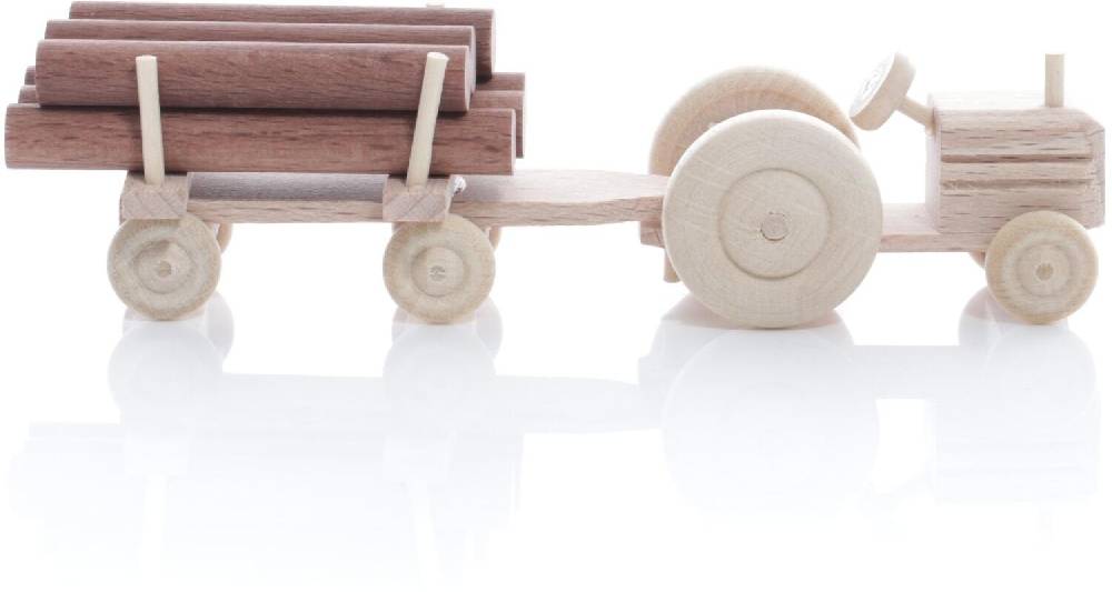 Rudolphs Schatzkiste Holzspielzeug - Miniaturfahrzeug Traktor mit Rundholz auf dem Anhänger Natur - HxBxT 3,5x7,5x3cm Osterangebot