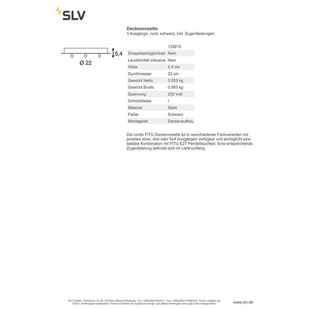 S.Luce SLV Deckenrosette 3 Ausgänge rund Schwarz inkl. Zugentlastungen Kostenloser Versand