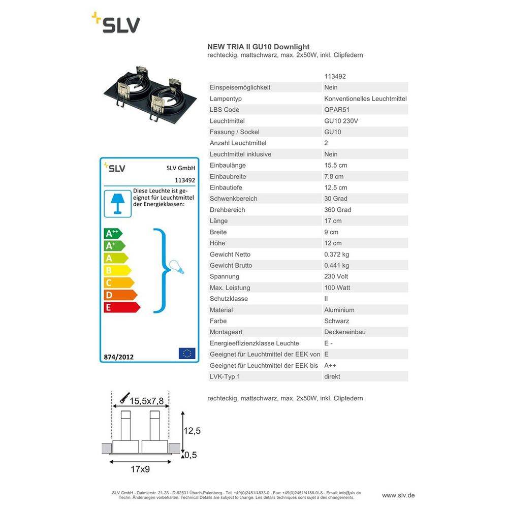 S.Luce SLV New Tria II GU10 Downlight rechteckig Schwarz Tägliche Deals